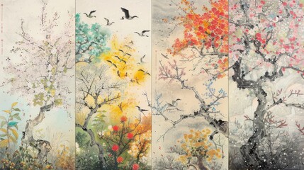 A painting depicting the change of seasons to visually represent the Chinese idiom