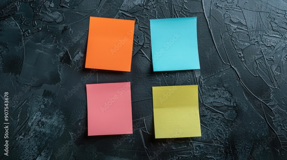 Poster sticky note on dark background with four paper sheets