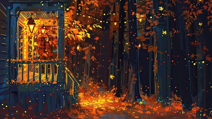 Naklejka premium cozy porch with fall leaves