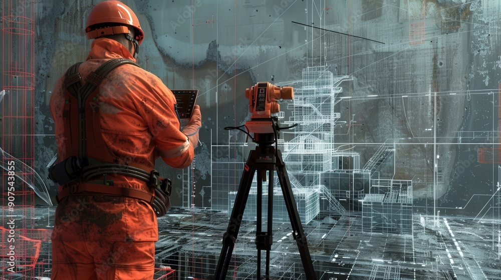 Poster focus on the precision of robotic surveyors mapping terrain and guiding construction processes with 