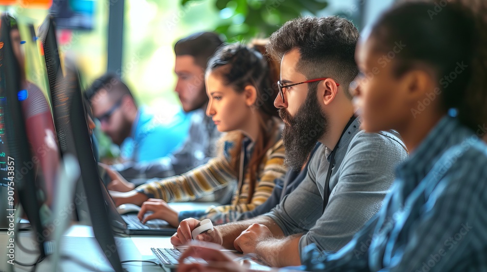 Poster collaborative team of business professionals and software developers working together in a modern of