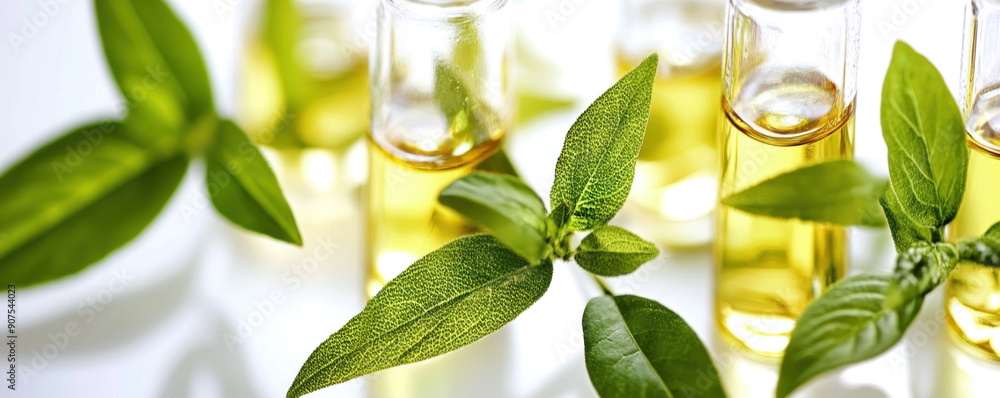 Poster a close up of several small bottles of oil with green leaves in the background. the bottles are arra