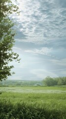 Obraz premium Green Meadow Under Cloudy Sky.