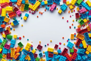 Multicolored parts from children's construction set on white background, top view, copy space, place for text
