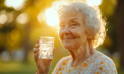 Old elderly woman enjoying a glass of water to hydrate herself with fresh air of a park on summer heatwave, Generative AI
