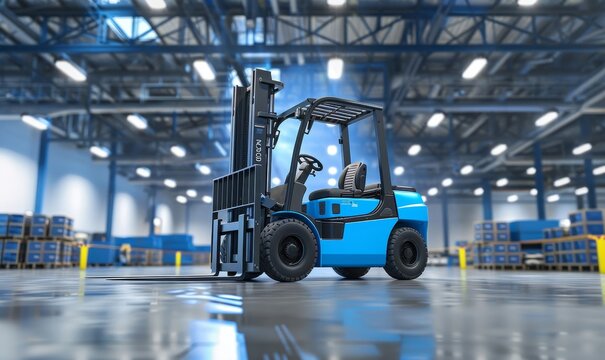 Blue forklift parked in industrial warehouse with pallets. Warehouse concept. Generative AI