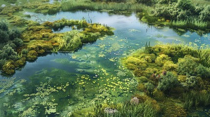 Highlight an aerial view of wetlands with a focus on the diverse flora and fauna thriving in the brackish waters