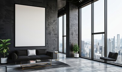 Fototapeta premium Modern interior with large blank framed poster on black wall, floor-to-ceiling windows showing cityscape. Concept of gallery display. Generative AI