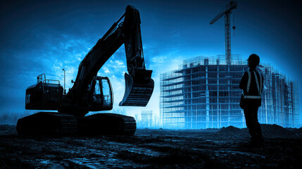A man stands in front of a large construction site with a large excavator in the background. Concept of progress and hard work, as the man is likely overseeing the construction project