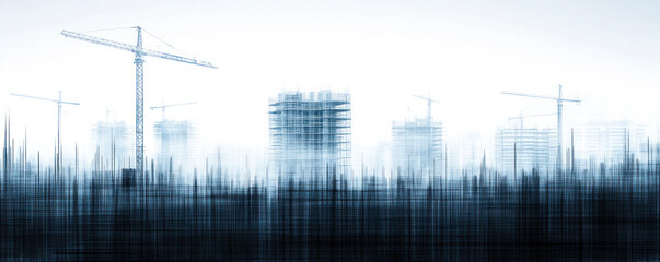 A city skyline with a crane in the foreground