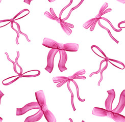 Seamless background with pink girly hair bow in simple style. Vector illustration