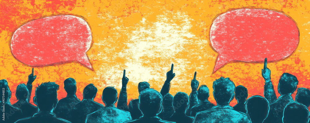 Poster a crowd of people are holding up their hands with fingers pointing at two red speech bubbles. the sp