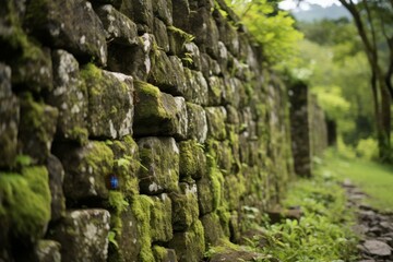 Ancient moss-covered stone walls in a forest setting.