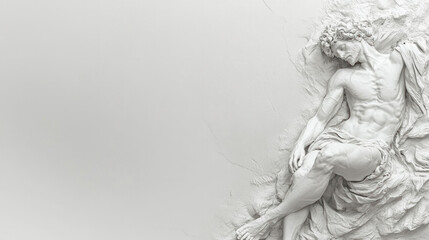 A statue of a man laying on his back with his arms crossed. The statue is white and he is resting