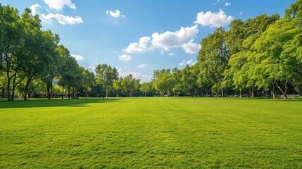 Obraz premium Lush Green Lawn Park Landscape with Blue Sky and Clouds.