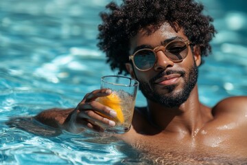 Young black afro american man hotel guest sipping a cocktail in the outdoor hotel swimming pool during summer holidays, Generative AI