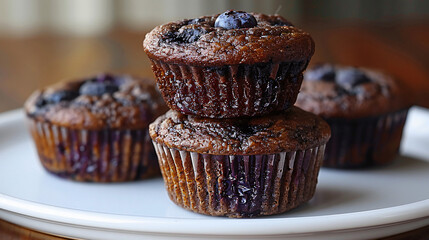 Chocolate and blueberry flavored muffins on white plate