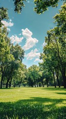 Green Forest Meadow with Blue Sky.