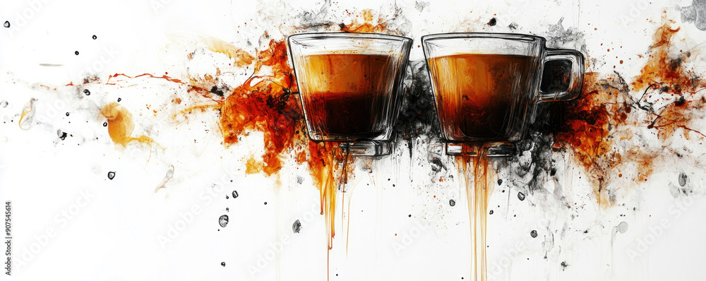 Poster two coffee cups with a splash of coffee on the side. the image is abstract and has a mood of relaxat