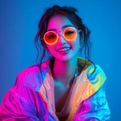 Gen-z beautiful asian fashionable female, wearing neon stylish clothes, happy, smiling, retro style in the style of Vaporwave fashion, Generative AI