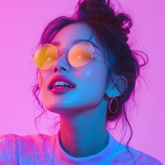 Gen-z beautiful asian fashionable female, wearing neon stylish clothes, happy, smiling, retro style in the style of Vaporwave fashion, Generative AI