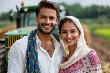 Fototapeta premium Young Indian farmer couple with smiling faces in their agricultural field