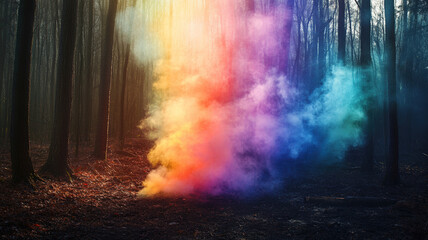 Fototapeta premium Rainbow smoke billows from a dark, black forest, creating a vivid, surreal contrast between the vibrant colors of the smoke and the shadowy trees, evoking a mystical, otherworldly atmosphere.