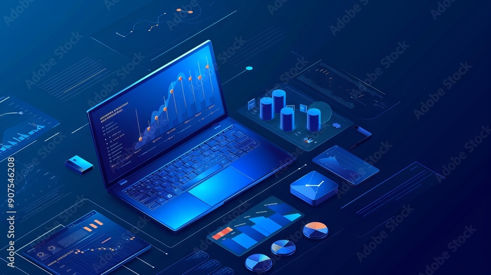 Poster growth strategy and financial goal analysis with 3d laptop displaying business charts and graphs on 