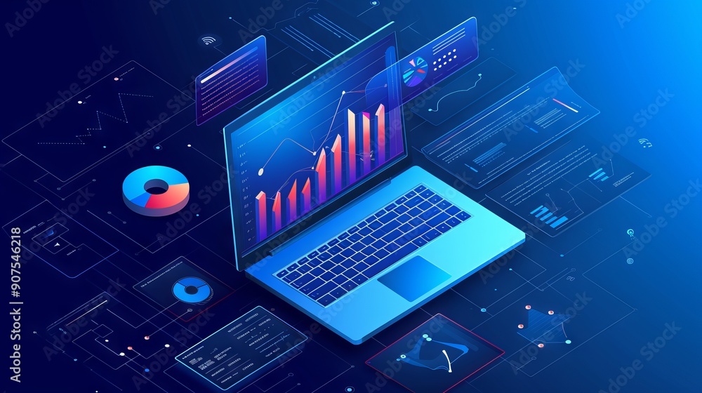 Poster growth strategy and financial goal analysis with 3d laptop displaying business charts and graphs on 