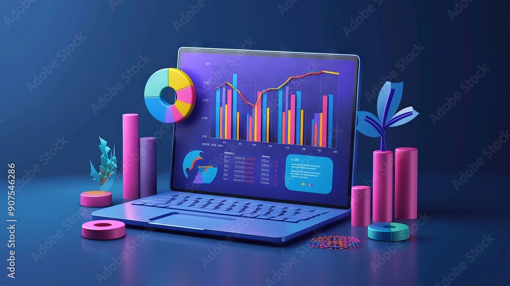 Poster growth strategy and financial goal analysis with 3d laptop displaying business charts and graphs on 