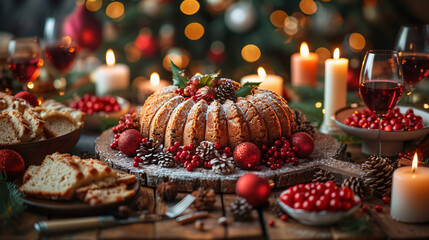 Christmas dinner pudding dessert with glass of vine and candles