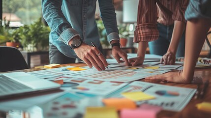 Collaborative business brainstorming session with creative agency team discussing roadmap for product launch, strategic planning, and new business development