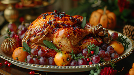 Christmas or Thanksgiving roasted turkey with fruits
