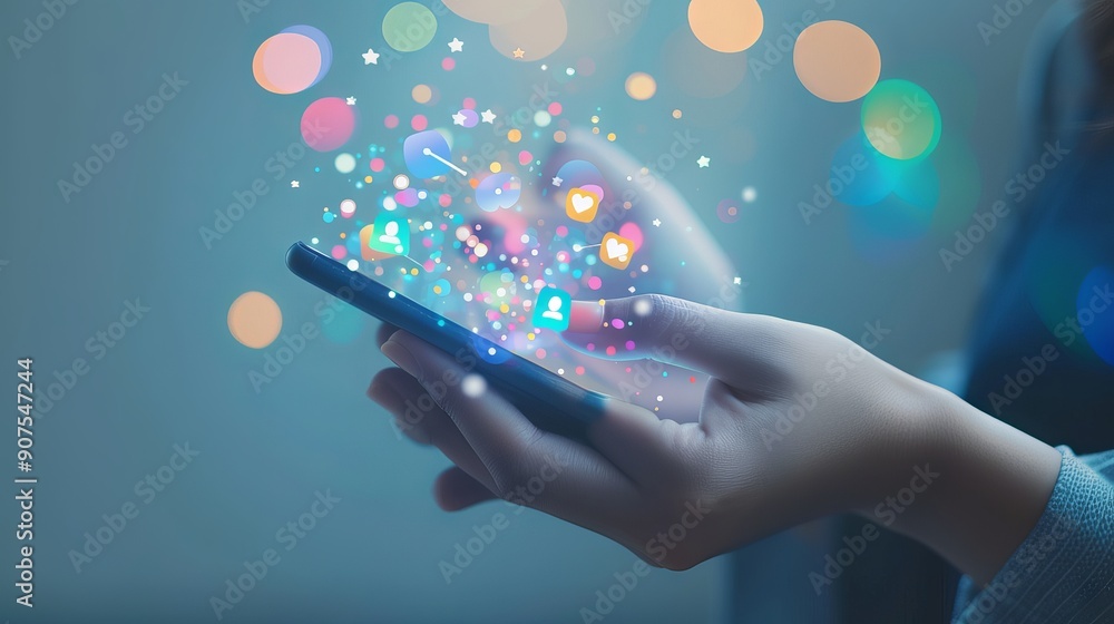 Poster close-up of a hand holding a smartphone with social media icons and notifications overlay, represent