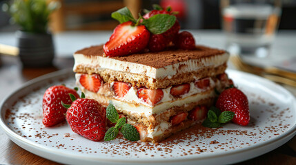 Classic tiramisu dessert pastry with mint and strawberry