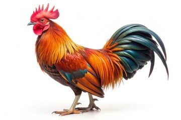 Fototapeta premium Colorful Rooster with Red Comb and Tail Feathers.