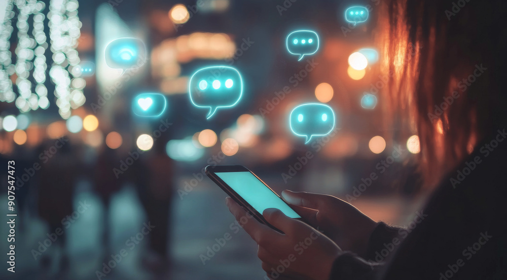 Wall mural a person holding their phone, with an ai chatbot interface floating above it and conversation bubble