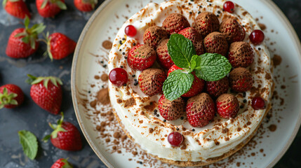 Classic tiramisu dessert with mint and strawberries top view