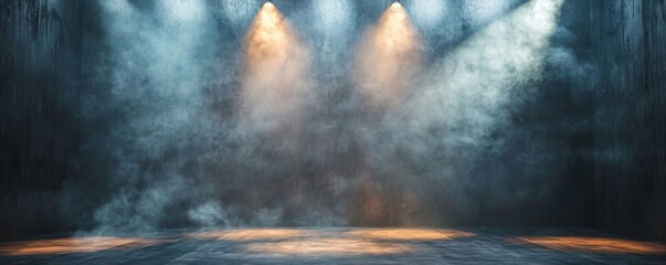 Empty stage with spotlights and smoke banner background with copy space, Generative AI