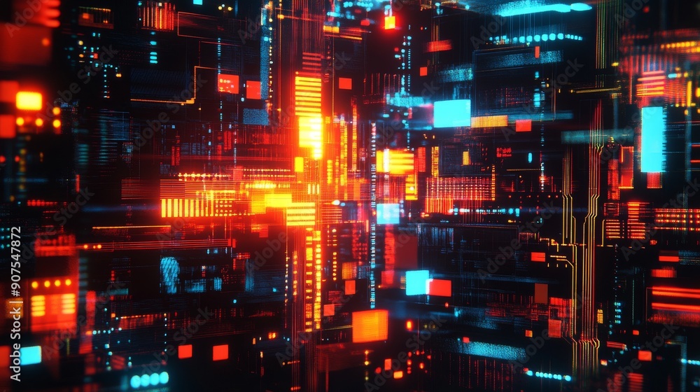 Poster abstract tech design featuring glowing circuit patterns and bold
