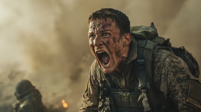 A soldier runs away from an explosion under flying shrapnel. Soldier With PTSD. military, war and emotional concept.