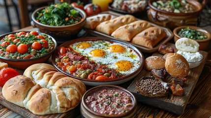 Classical Turkish breakfast with fried eggs bread