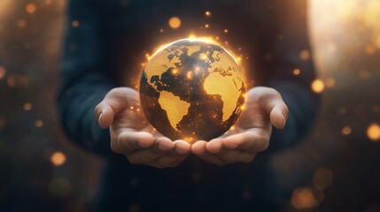 Fototapeta premium Businessman holding a digital globe icon, symbolizing global outreach and international business