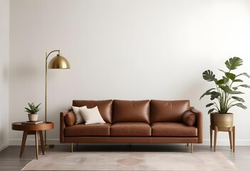 A modern living room with a large brown leather sofa, a floor lamp with a brass shade, and a potted plant in the background