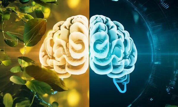 A thought-provoking split-screen image depicting the human brain, one side immersed in lush, vibrant nature, the other side showcasing intricate, glowing circuits and high-tech machinery. 