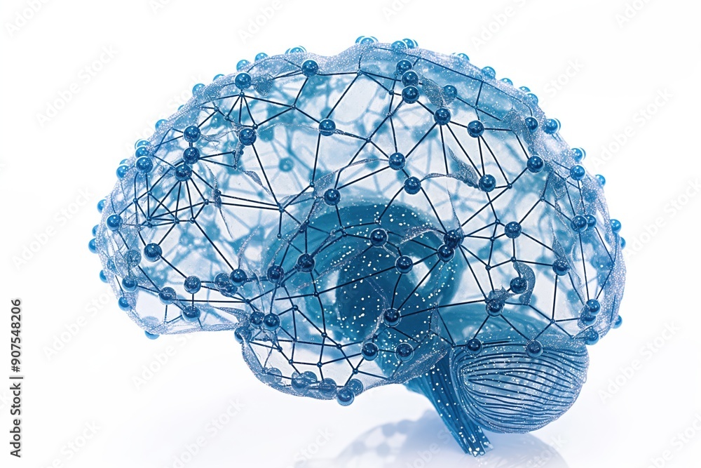 Poster artificial intelligence is connecting nodes in a wireframe brain model