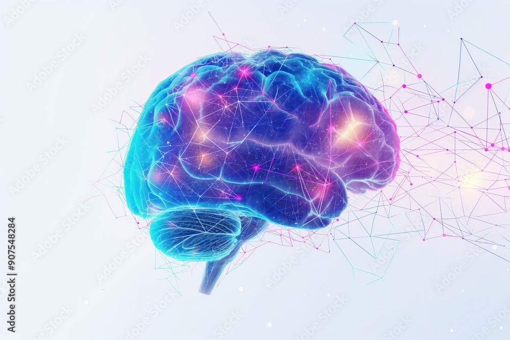 Poster human brain connecting with artificial intelligence through digital network