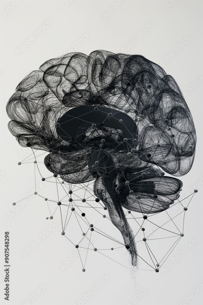Poster abstract black brain made of particles and connected with lines for neural network concept