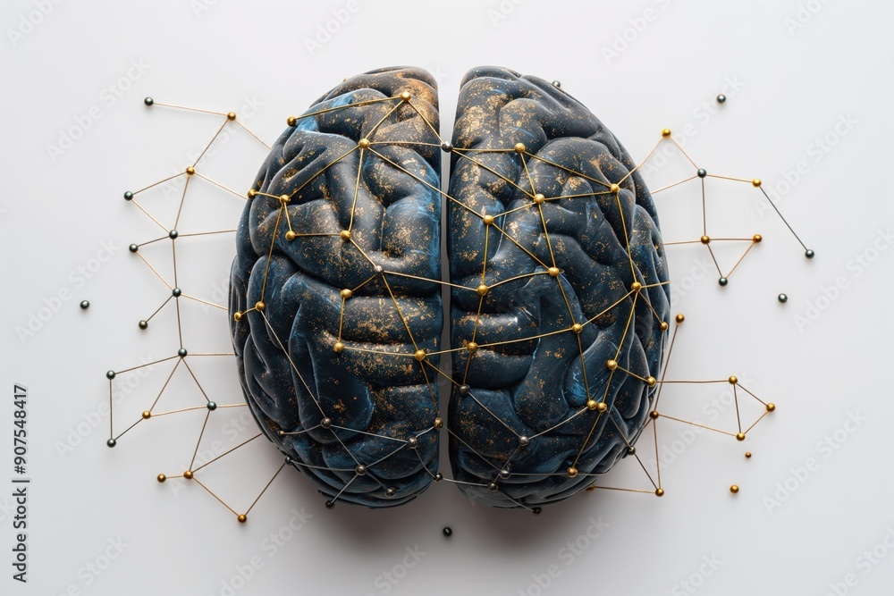 Poster artificial intelligence concept showing brain connected with network of pins
