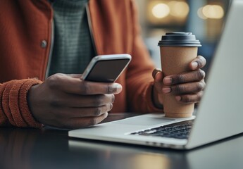 Close up of an African American man's hands using a smartphone and laptop at a coffee shop